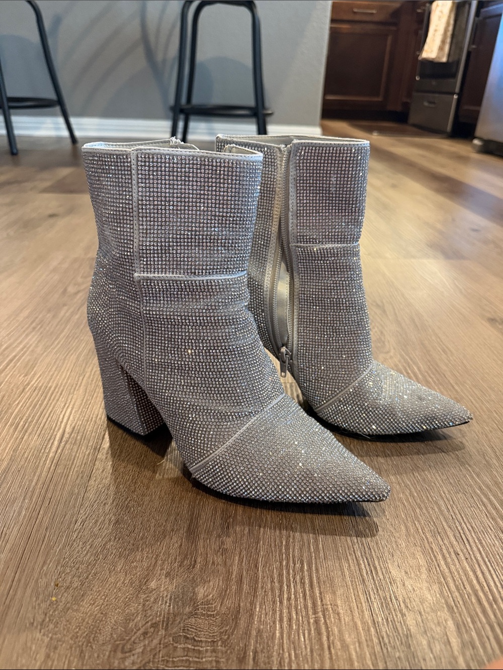 Madden Girl Silver Rhinestone Pointed Toe Block Heel Booties